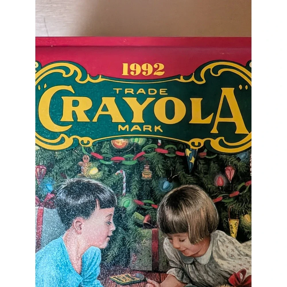1992 Crayola Tin Box Christmas Scene Children‎ Dog Holiday Decor Collectible
